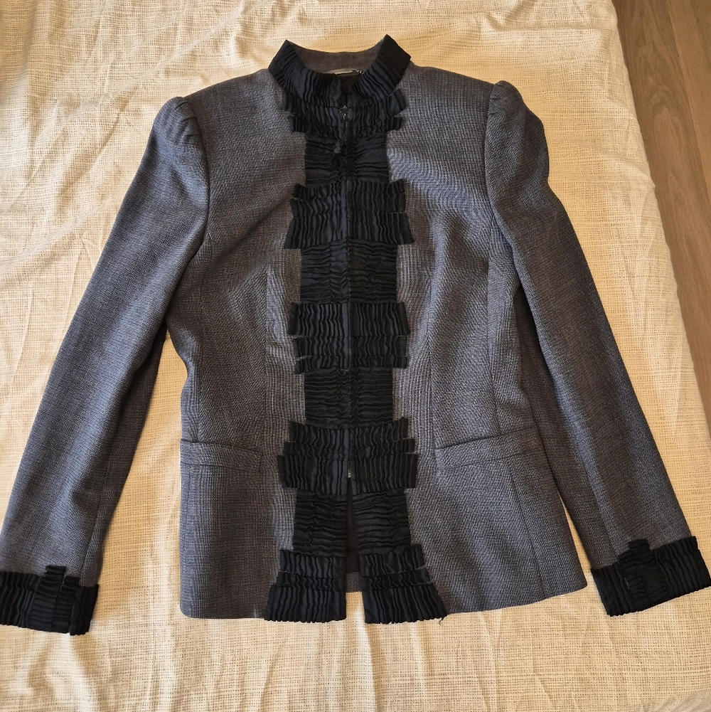 Vintage Rena Lange Wool Gray Blazer With Black Trim